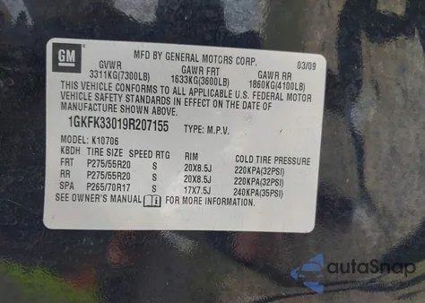 2009 GMC Yukon Slt2 z USA, uszkodzony, nr VIN 1GKFK33019R207155